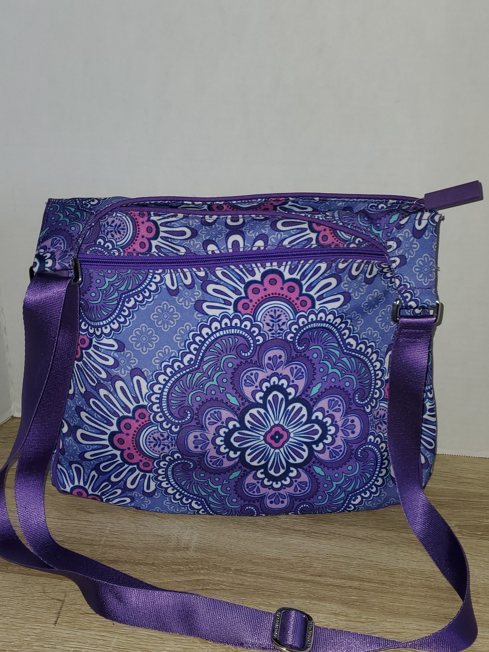 Vera Bradley Lighten Up Slim Purple Paisley Crossbody Bag with Pink Accents
